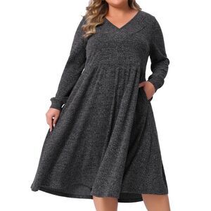 Plus Size V Neck Long Sleeve Ribbed Knit Elegant Dress with Pocket Dark Gray